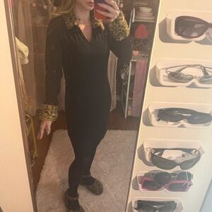 💕 furry leopard trim black dress